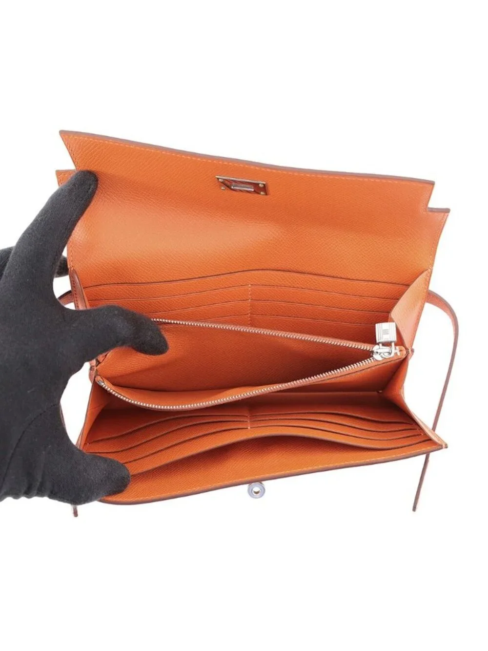 Hermes Wallet Kelly Long Orange Silver Epsom